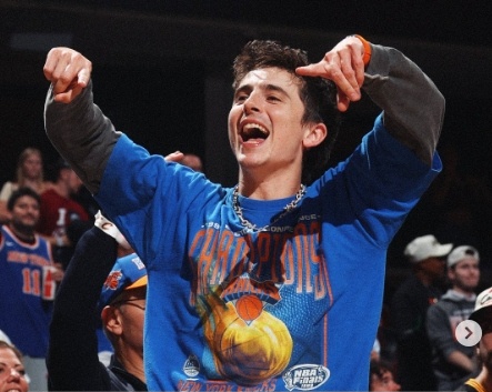 Timothee Chalamet courtside celebrating the Knicks reaching the NBA Finals