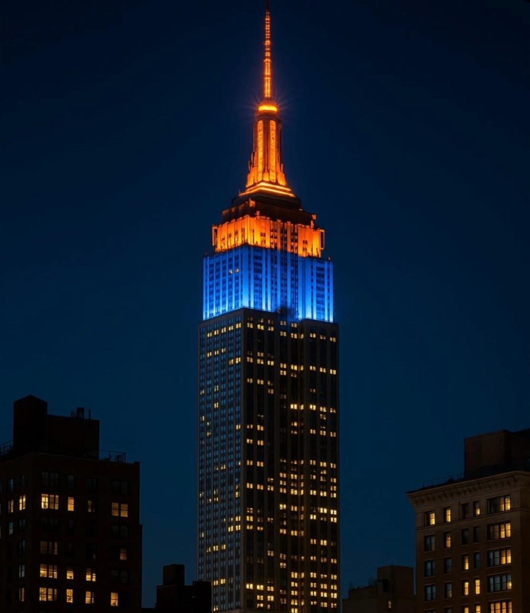 The Empire State Building lit blue and orange the night the Knicks clinched the NBA Finals