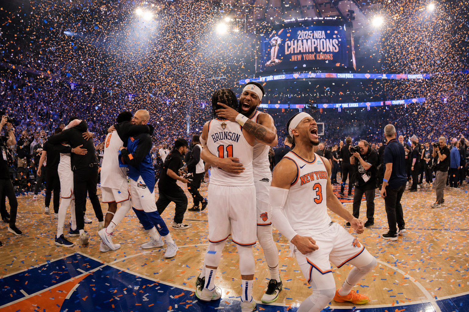 The New York Knicks celebrating on the court at Madison Square Garden under a wall of blue and orange confetti after winning the NBA Championship