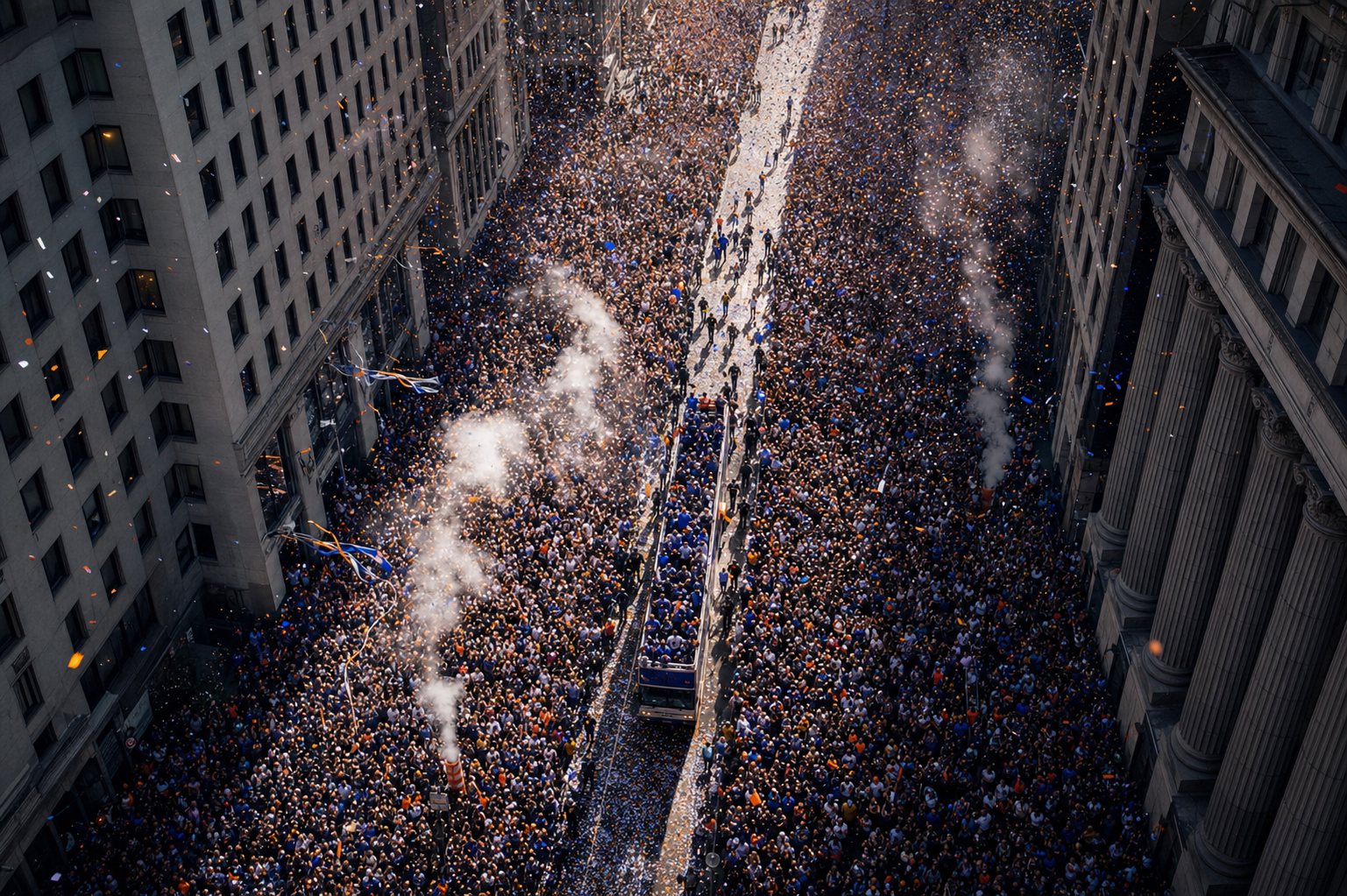 Aerial view of the New York Knicks championship parade through the Canyon of Heroes with massive crowds and confetti raining down