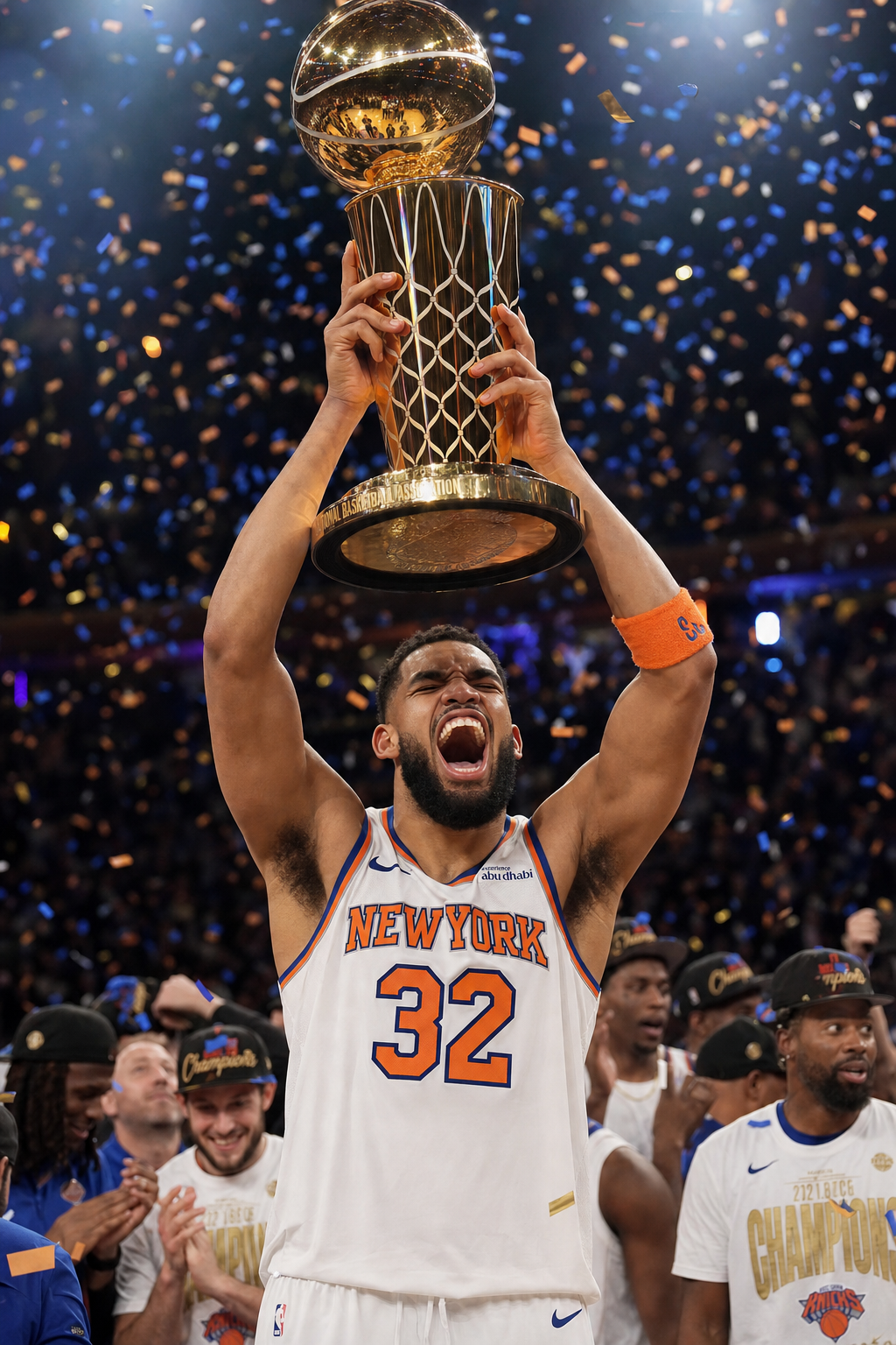 A New York Knicks player lifting the Larry O'Brien NBA Championship trophy above his head with blue and orange confetti falling around him