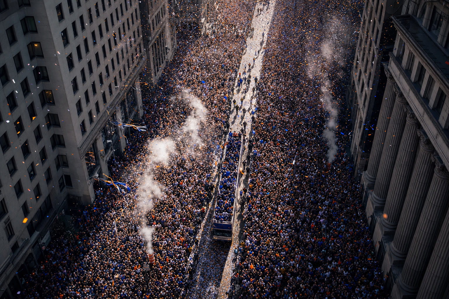Aerial view of the New York Knicks championship parade through the Canyon of Heroes with massive crowds and confetti raining down