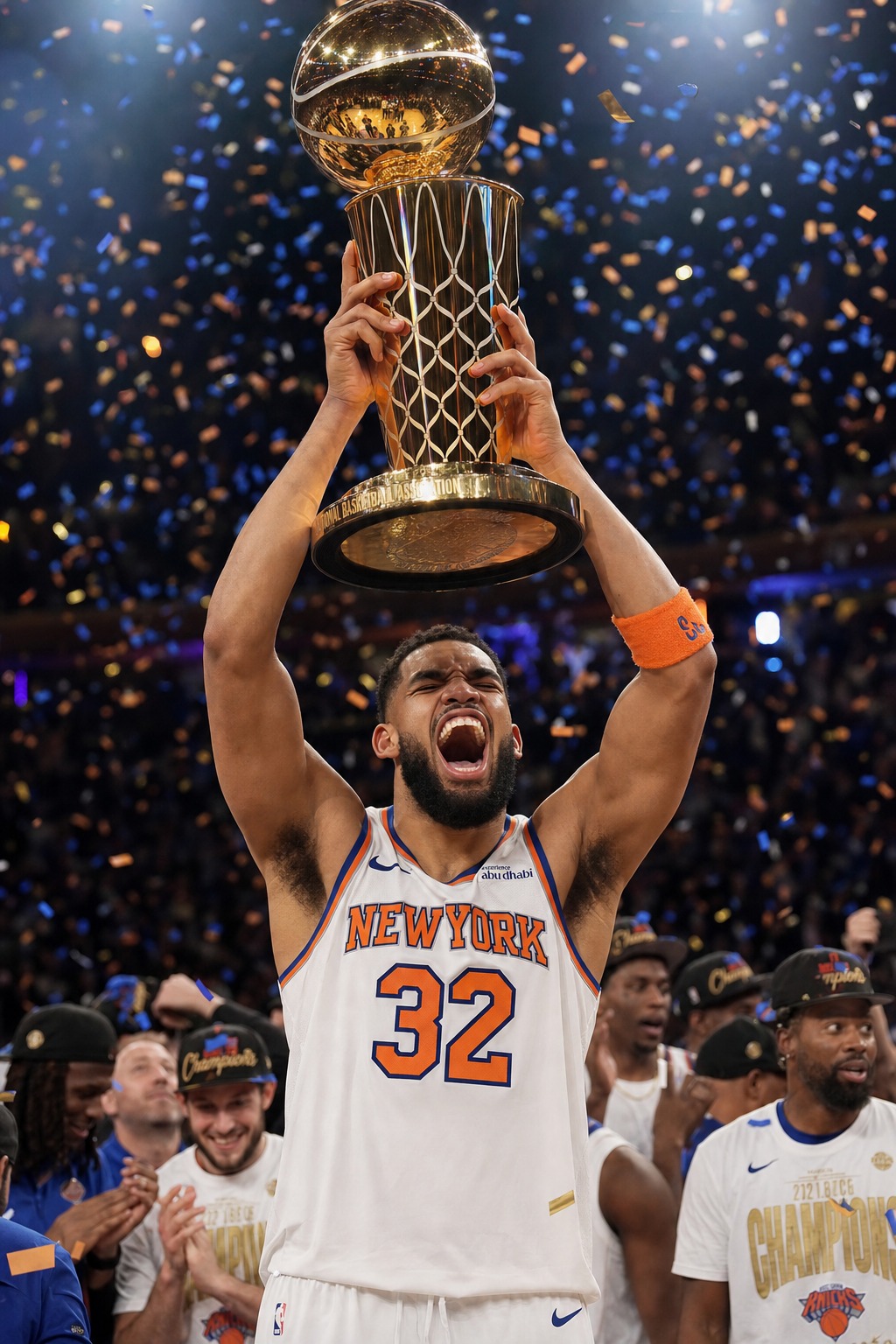 Karl Anthony Towns hoisting the Larry O Brien NBA Championship trophy surrounded by the Knicks team in NBA Champions hats with Jalen Brunson celebrating