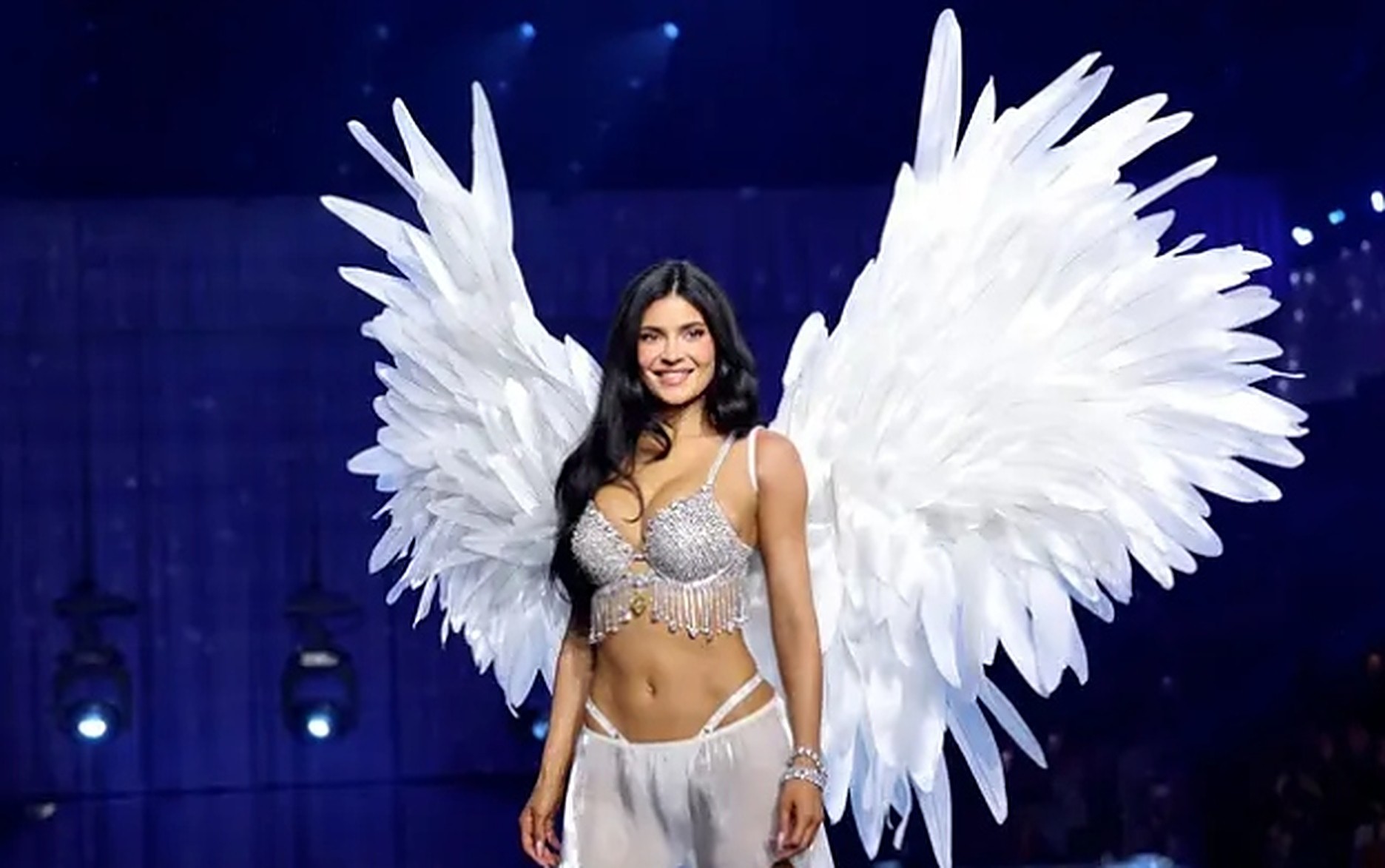 Kylie Jenner on the Victoria's Secret runway wearing white angel wings